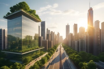 Fototapeta premium Sustainable mindset engineer plans a city project Eco friendly urban design, carbon neutral buildings, renewable energy, ESG principles, and climate resilience for a sustainable vision.