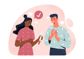 Positive pregnancy test. Woman shows man pregnancy test. Happy future parents. Pregnant girl with boyfriend. Fertility and ovulation. Flat vector illustration isolated on white background