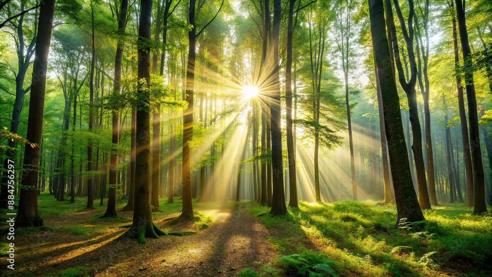 Poster Sunlight streaming through dense forest trees, sunny, nature, forest, foliage, trees, golden, rays, sunlight, beam, warm