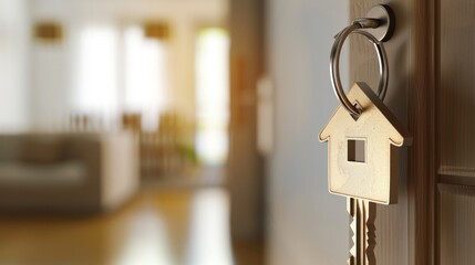 House key, house-shaped key chain on the door key