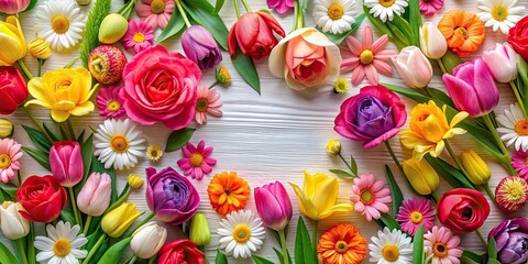 Fototapeta premium Colorful and vibrant floral pattern with roses, daisies, and tulips, flowers, botanical, nature, vibrant, colorful, seamless