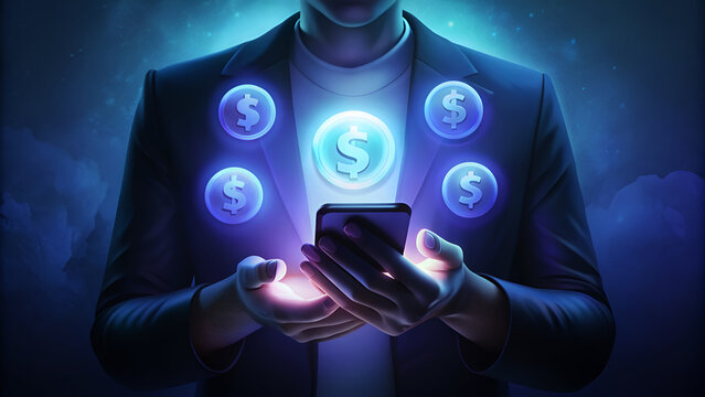 Man using smartphone. Dollar symbols. Network. Internet banking