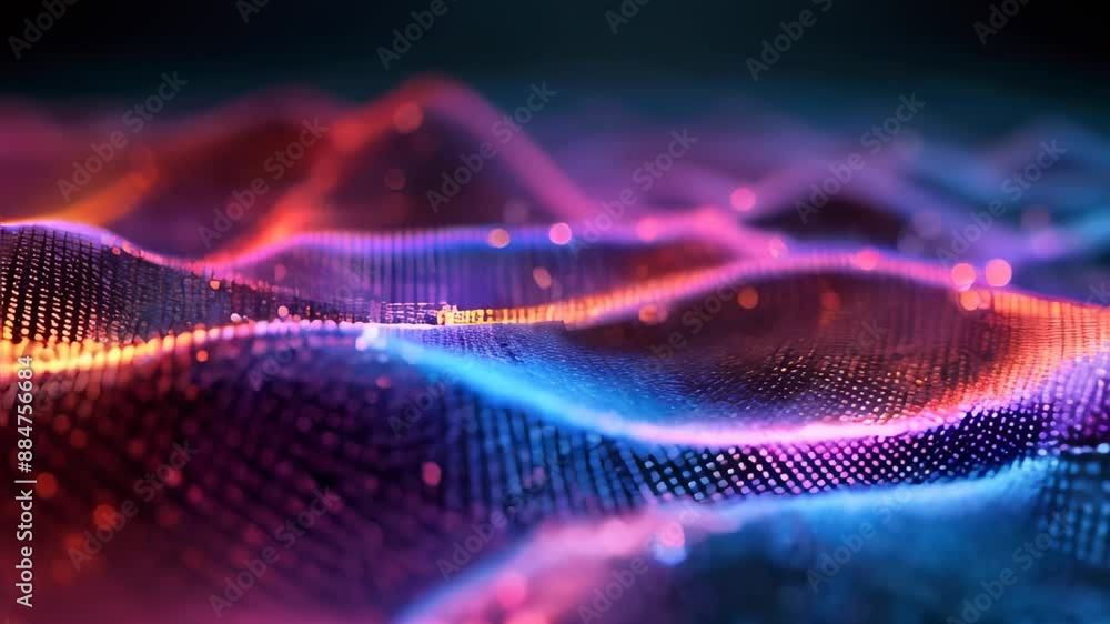 Poster colorful abstract digital waveform featuring glowing dots in vibrant hues, illustrating technology a