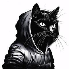 Pen & Ink Black Cat in Hoodie with Resolve
