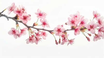 Stunning isolated Sakura branch with pink cherry blossoms against a pure white background.