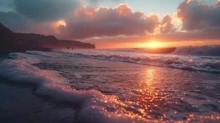 Obraz premium Stunning sunset over the beach, foamy waves, endless horizon, distant figures, and volcanic hills. -