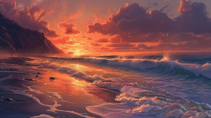 Stunning sunset over the beach, foamy waves, endless horizon, distant figures, and volcanic hills. -