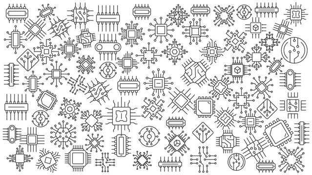 set of chip component doodle line icon patterns. Icon set editable stroke in trendy style