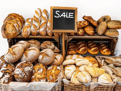 Bright and appealing image of a bakery front display Sale sign above fresh bread and pastries