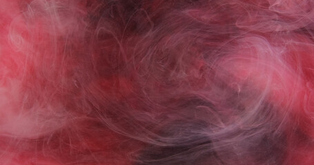 Fume mist. Sparkling steam. Pink red black fog flies ink mix abstract vapor shiny magical hypnotic cloud particles art background.