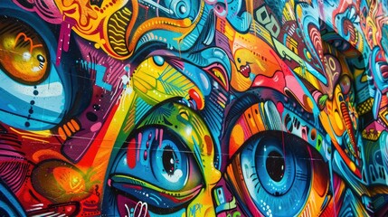 Vivid graffiti wall covered in detailed and colorful street art, a true masterpiece.