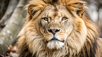 Naklejka premium Majestic lion with pure golden coat and fierce expression, wildlife, predator, king of the jungle, lioness, fierce, angry