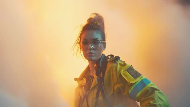 A young woman, possibly American, dressed in yellow firefighter gear stands amidst a dramatic backdrop of orange and blue smoke. She wears glasses and has her hair tied up, conveying determination