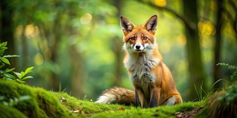Fototapeta premium Red fox sitting in a lush green forest , wildlife, animal, nature, red fox, forest, wilderness, mammal, trees