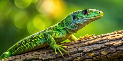 Fototapeta premium European green lizard crawling on a tree branch , wildlife, reptile, green, lizard, European, nature, camouflage