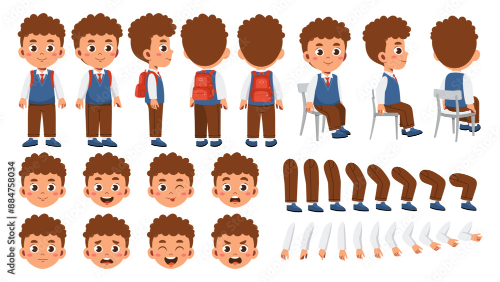 Poster schoolboy constructor set. boy in school uniform. kid in different poses and angle of views. legs, a