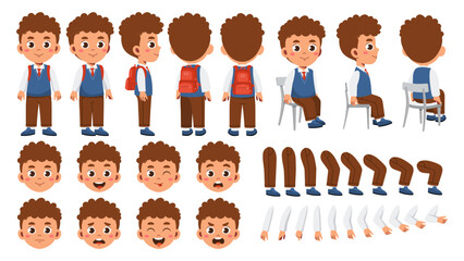 Schoolboy constructor set. Boy in school uniform. Kid in different poses and angle of views. Legs, arms and heads to create animation. Flat vector collection isolated on white background © Rudzhan