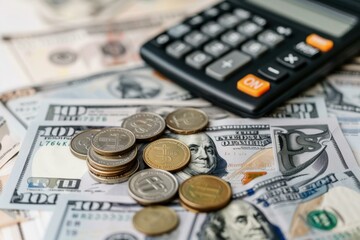 Fototapeta premium Close up of a calculator on a variety of international currency notes and coins