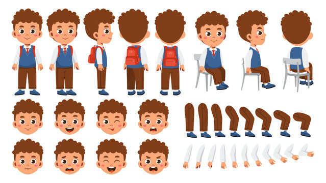Schoolboy constructor set. Boy in school uniform. Kid in different poses and angle of views. Legs, arms and heads to create animation. Flat vector collection isolated on white background