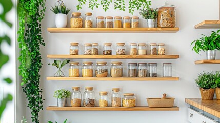 Kitchen shelves with glass jars filled with ingredients, surrounded by green plants, creating an organized and inviting kitchen space.