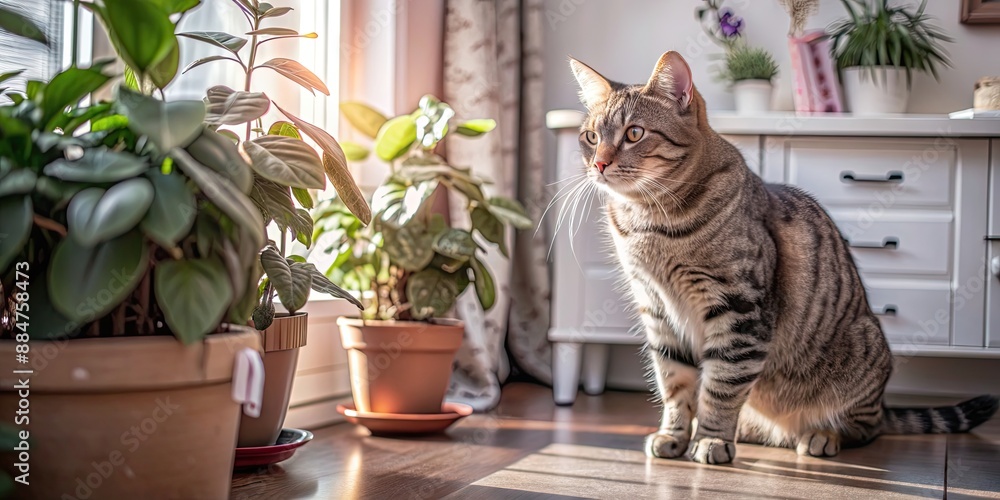 Wall mural Curious tabby cat exploring a sunlit room with plants and furniture, feline, pet, domestic, animal, curious, tabby, cat, exploring