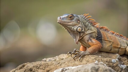 Obraz premium Orange and grey iguana on a rock, reptile, lizard, exotic, wildlife, animal, colorful, scales, eyes, tropical