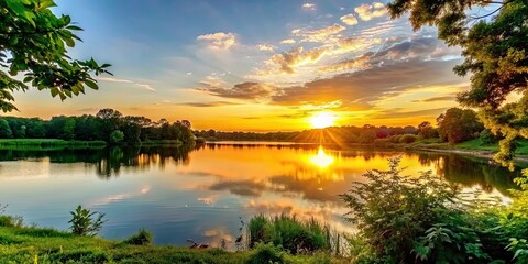 Tranquil sunset over a peaceful lake surrounded by lush greenery, sunset, lake, tranquil, peaceful, nature, water, reflection
