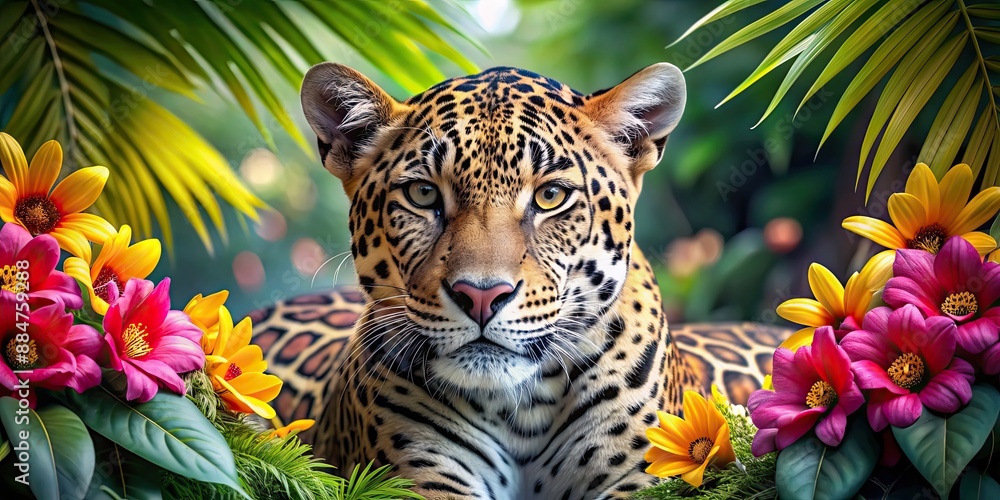 Poster of a leopard adorned with colorful flowers surrounded by exotic flora, leopard, flowers, vibrant, exotic, artistic,wild, animal