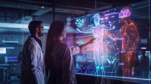 3D holographic displays used for communication, entertainment, and presentations, showing people interacting with holograms in various settings like offices, schools, and public spaces. 