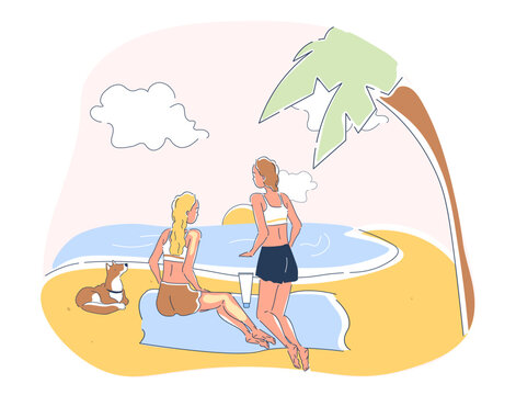 beach scene: two women, dog, palm tree clip art preview