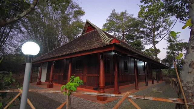 Traditional architecture of a tiled roof house in Kerala, using mainly wood