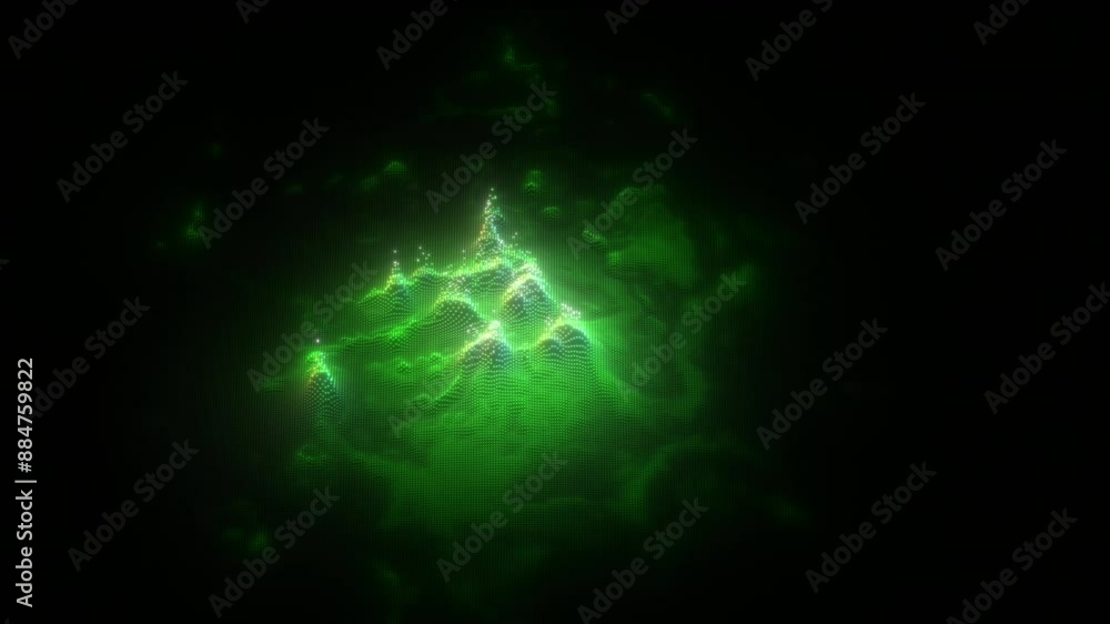 Poster abstract green holographic particles bouncing rapidly creating abstract wave spikes with bubbling fl