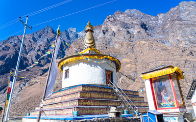 landscape view of  buddhist stupa in the himalayas of Gorkha, Nepal.