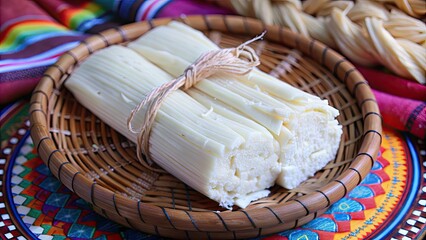 Obraz premium Stringy and stretchy Oaxaca cheese, also known as Quesillo, traditional Mexican string cheese, Oaxaca cheese