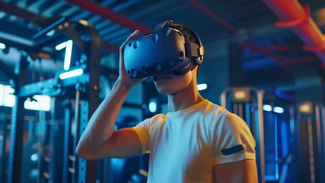 A young Asian man wearing a VR headset explores virtual reality in a modern gym, illuminated by neon lights. He is dressed in a white T-shirt with a fitness tracker on his arm. The mood is futuristic