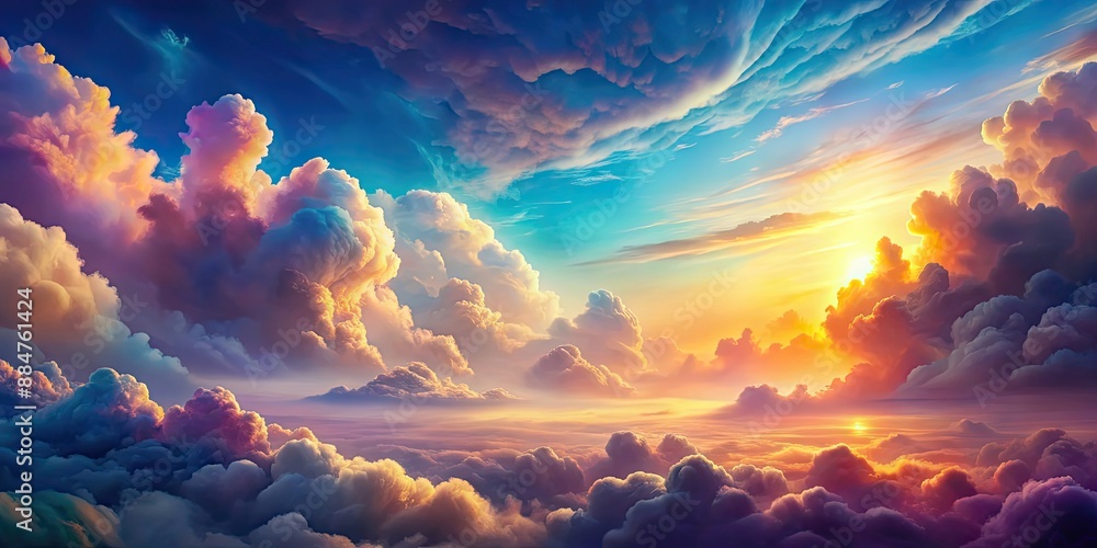 Sticker Colorful sky filled with photorealistic clouds, creating a fantastic fantasy landscape, vibrant, dreamy, surreal, vivid