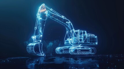 Hologram of a excavator on the dark blue background.