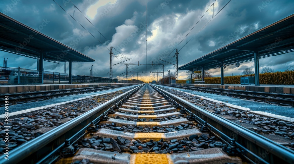 Poster A railway station platform with empty tracks extending into the distance under dramatic clouds.