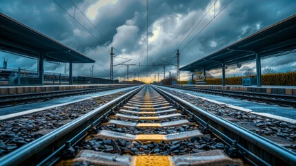 Fototapeta premium A railway station platform with empty tracks extending into the distance under dramatic clouds.