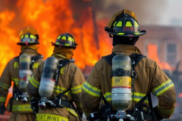 Back view of firefighters facing fierce flames, fully equipped for firefighting