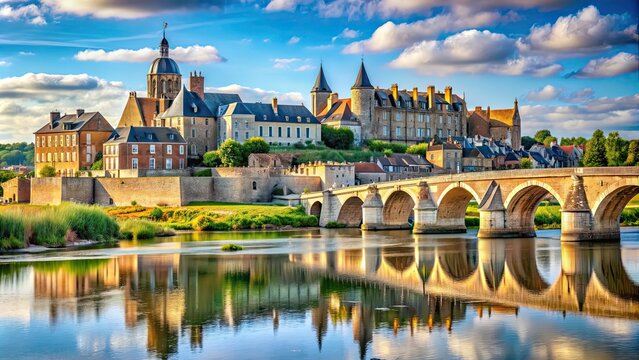 View of Gien with the castle and the old bridge across the Loire, Gien, castle, bridge, Loire river, town