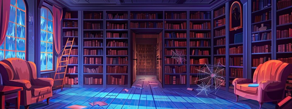 Abandoned library interior. Cartoon illustration.