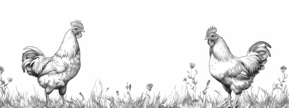 Chickens and rooster on the farm field grass on white background . Sketch illustration.