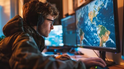 A scientist studying climate data on a computer screen, analyzing global warming patterns.
