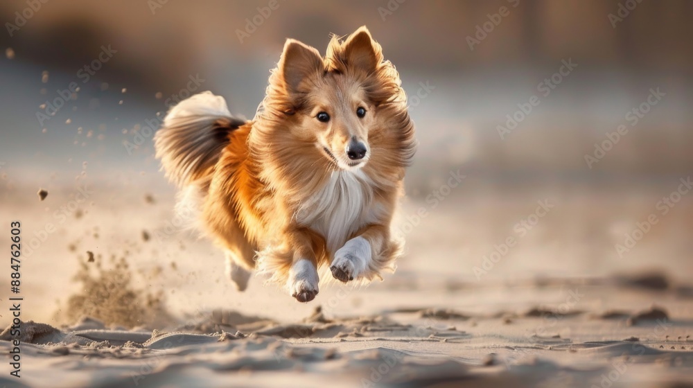 Aufkleber a sheltie running on a beach with ears flopping, enjoying the freedom of open space.