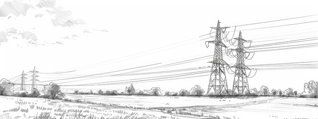 Power lines standing in the field. Sketch illustration.