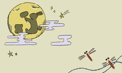 星で彩る、お月見の背景イラスト、とんぼとともに。ペン画風の手描きタッチ。　月にはうさぎの影。　模様付き。 © chockwhooll