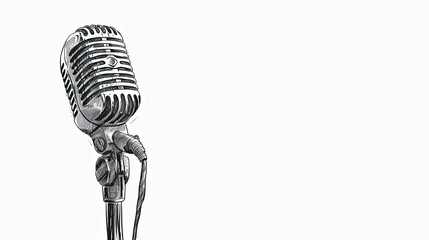 Studio microphone on white background with copy space. Sketch illustration.