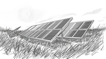 Solar panels standing in the middle of the field. Sketch illustration.