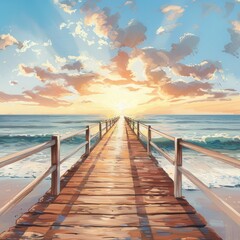 Wooden Pier Leading Towards the Horizon at Sunset.